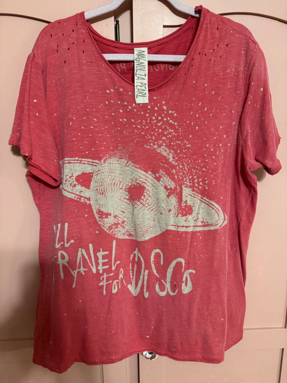 Magnolia Pearl coral-red graphic 'Travel for Disco' tee